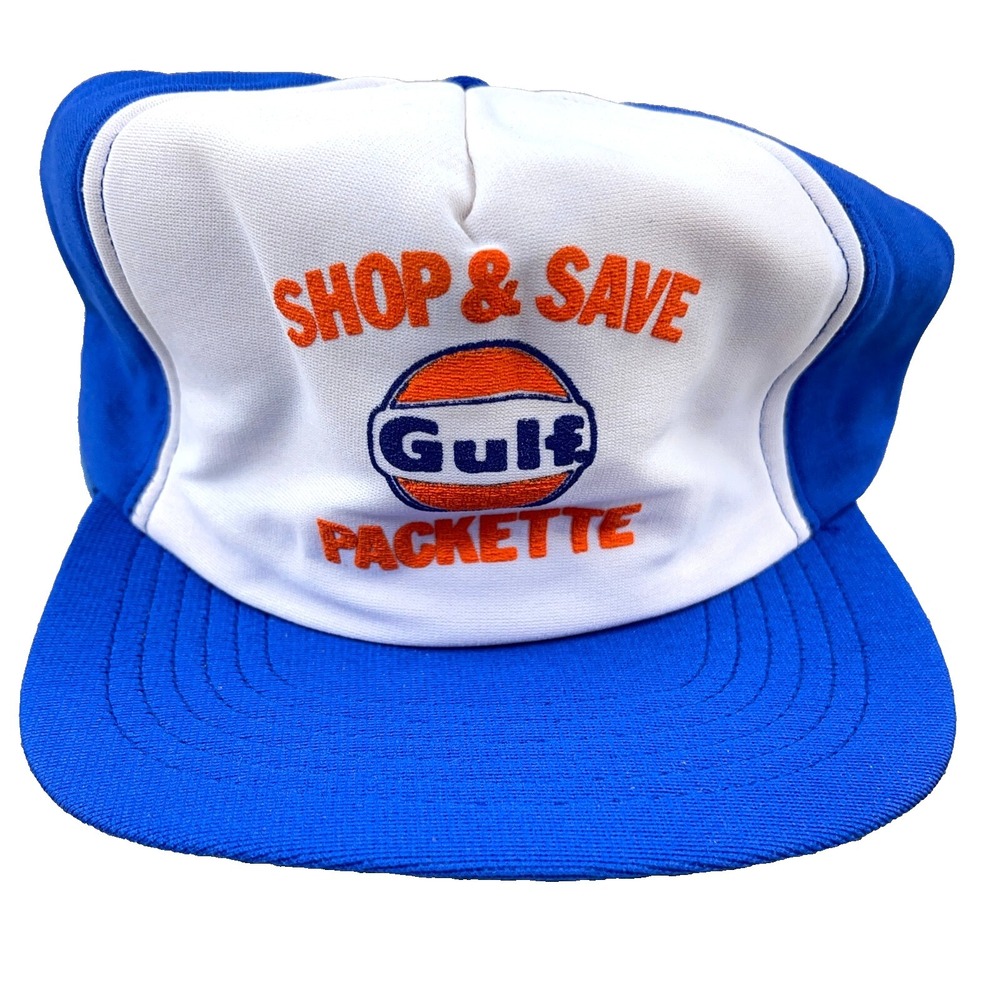Vintage Gulf Oil Trucker Hat Cap 80s USA Made Puffy Print Packette Gas Station